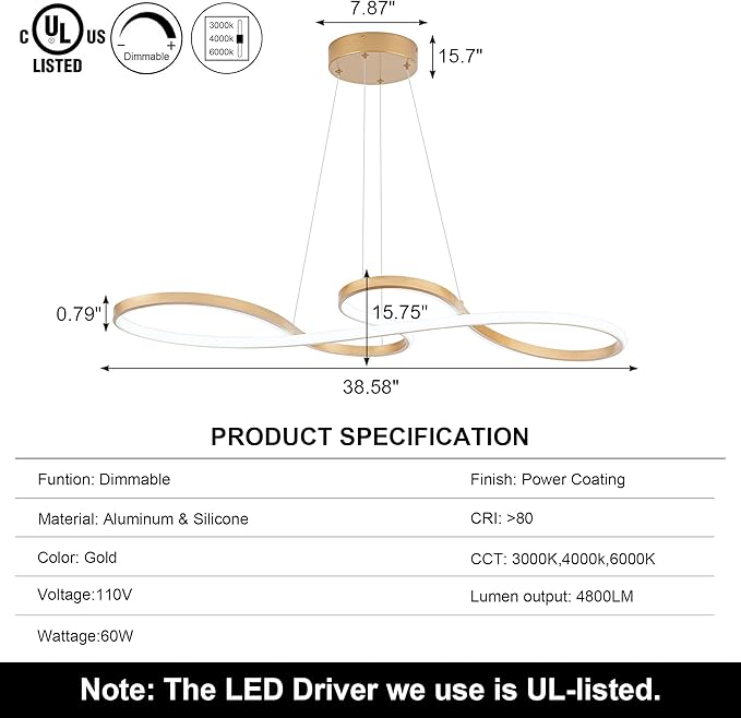 Modern LED Chandelier Dining Room Modern Pendant Light Dimmable Creative Contemporary Chandelier Adjustable Hanging Lighting Fixture for Living Room Kitchen Island 3000K/4000K/6000K (Gold)