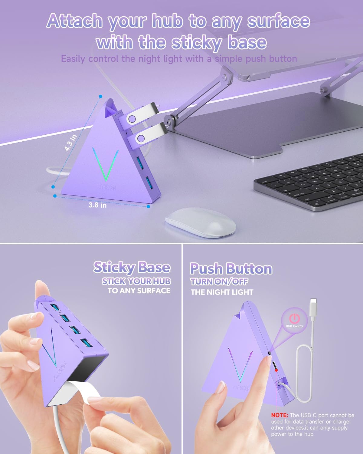 USB C Hub, USB Type C to 4-Port USB 3.0 Adapter for MacBook, Surface, Laptop, Flash Drive, Mouse, Keyboard, HDD (2ft, Light Purple)