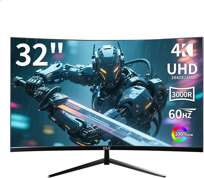 ZZA 32 Inch Curved Monitor 4k, Computer Screen 60HZ 4k UHD(3840 * 2160P) 3000R VA Panel, Gaming Monitor 4K AMD Freesync, 100% sRGB HDR10 Wall Mountable Installs(HDMI 2.0/DP 1.4 * 2)