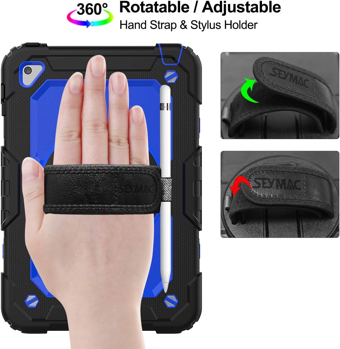 SEYMAC stock Case for iPad mini 5/4 with Screen Protector Pencil Holder [360 Rotating Hand Strap] & Stand, Drop-Proof Case for iPad mini 5th/4th Generation 7.9 inch (Blue+Black)