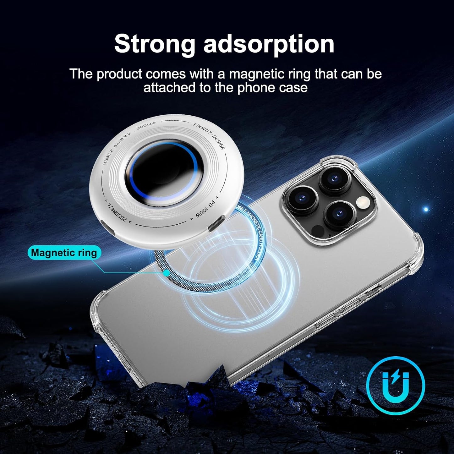 FP108 500GB Magnetic Portable SSD, External Solid State Drives with PD-100W and 2050MB/s USB-C 3.2 Gen 2x2, Play While Charging, Compatible with iPhone 16/15 Pro Max, Android, PC, Mac, Switch Lite