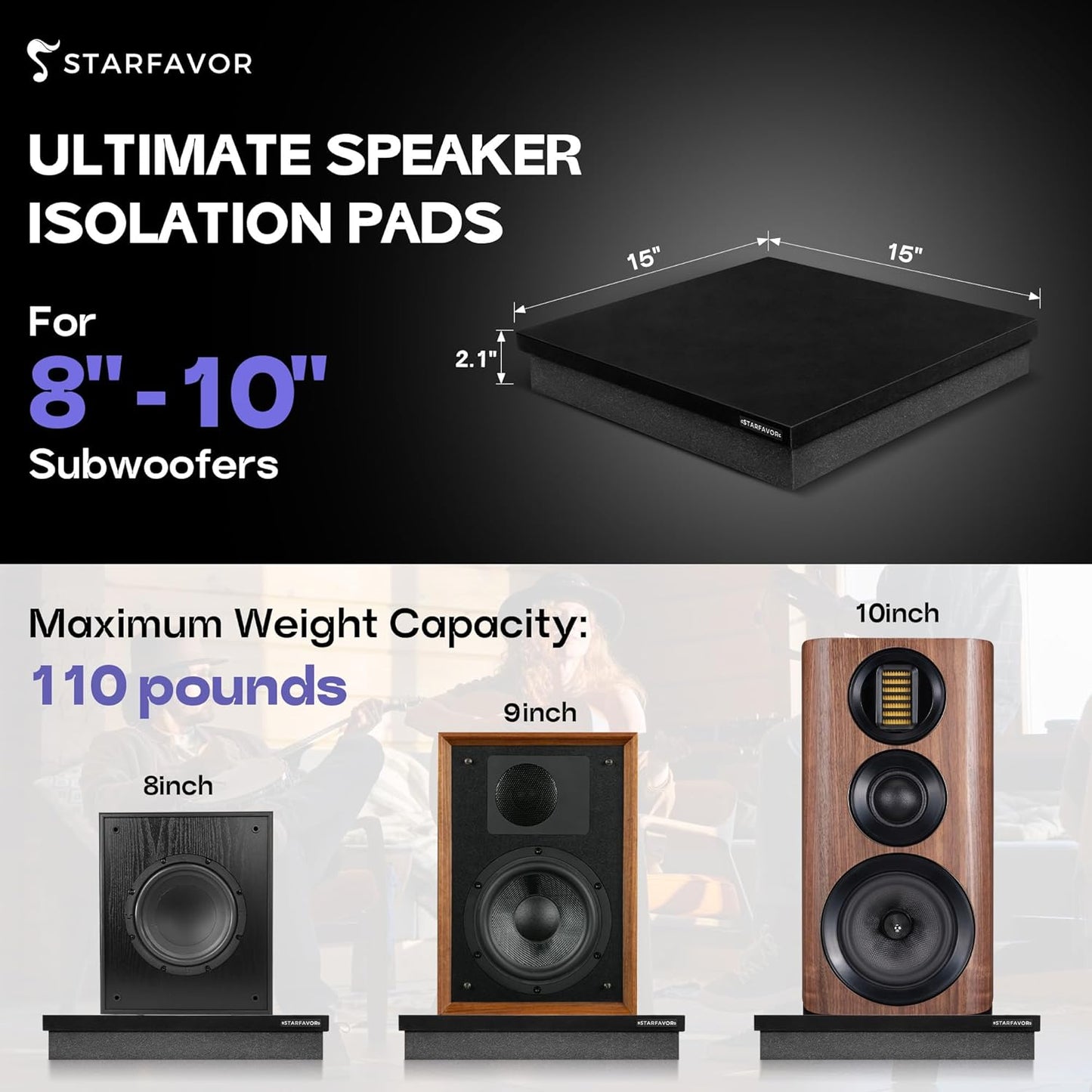 Starfavor Subwoofer Isolation Pad for 8-10 inches Subwoofers,15"*15"*2.1"Isolation Platform Acoustic Riser Pad,Audio Acoustic Noise Isolation Platform Pads for Studio Monitor,Subwoofer,Loud Speakers