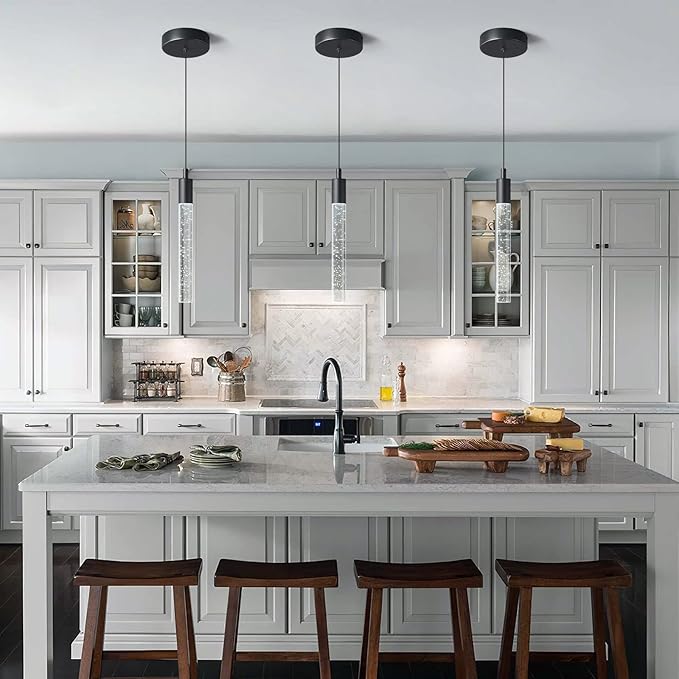 Modern Kitchen Island Pendant Light Dimmable LED Black Finish Mini Crystal Pendant Lighting Bedroom Bedside Table Small Pendant Lights（2-Pack）