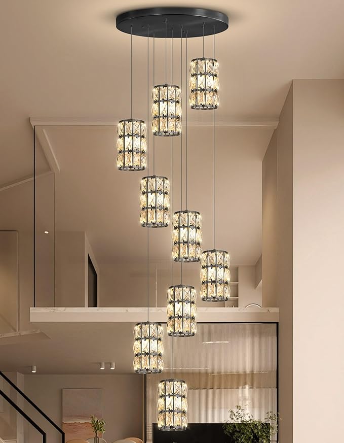 9-Lights Modern Crystal LED Dimmable for Staircase Foyer High Ceiling Chandeliers Hallway Black