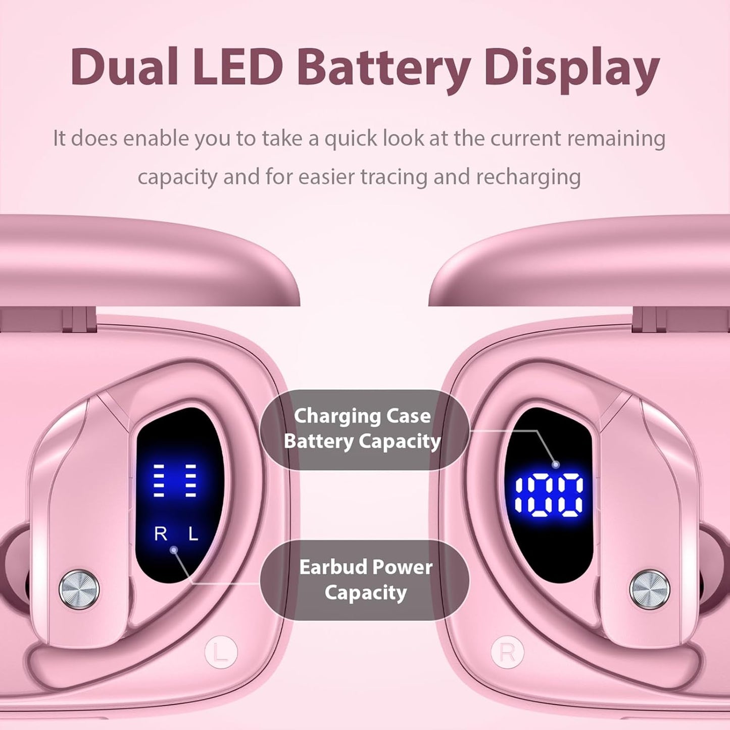 bmanl Wireless Earbuds Bluetooth Headphones 48hrs Play Back Sport Earphones with LED Display Over-Ear Buds with Earhooks Built-in Mic Headset for Workout Pink