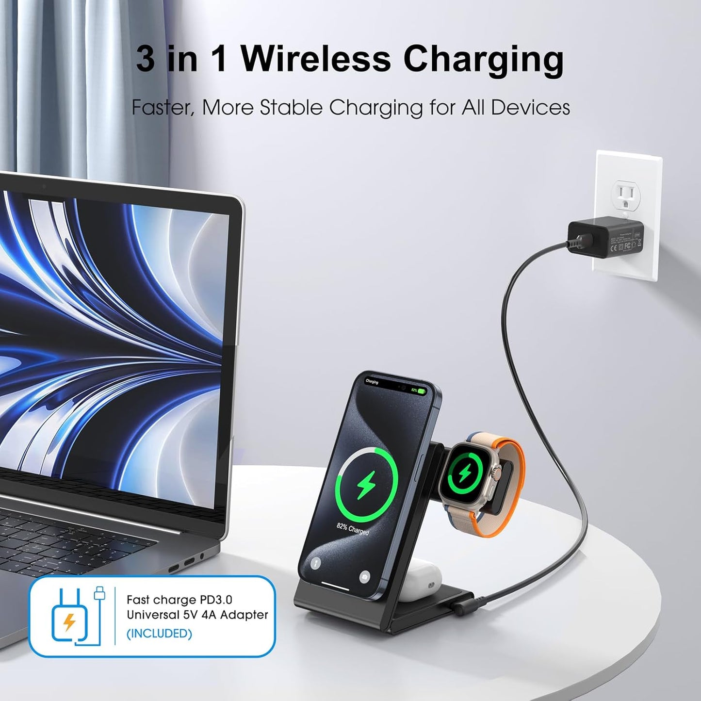 3-in-1 Wireless Charging Station, Standard 20W Fast Magnetic Foldable Magsafe Charger Stand for iPhone 16 15 14 13 12 Series, Travel Charger for iWatch 10/Ultra 2/AirPods 4 Series(Adapter Included)
