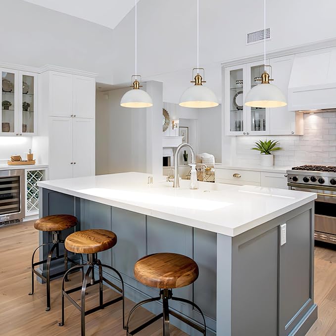 12 Inch Pendant Lights for Kitchen Island Matte White Farmhouse Pendant Light fixtures Adjustable Height Dome Hanging Light for Dinning Room Bedroom Hallway,1 Pack