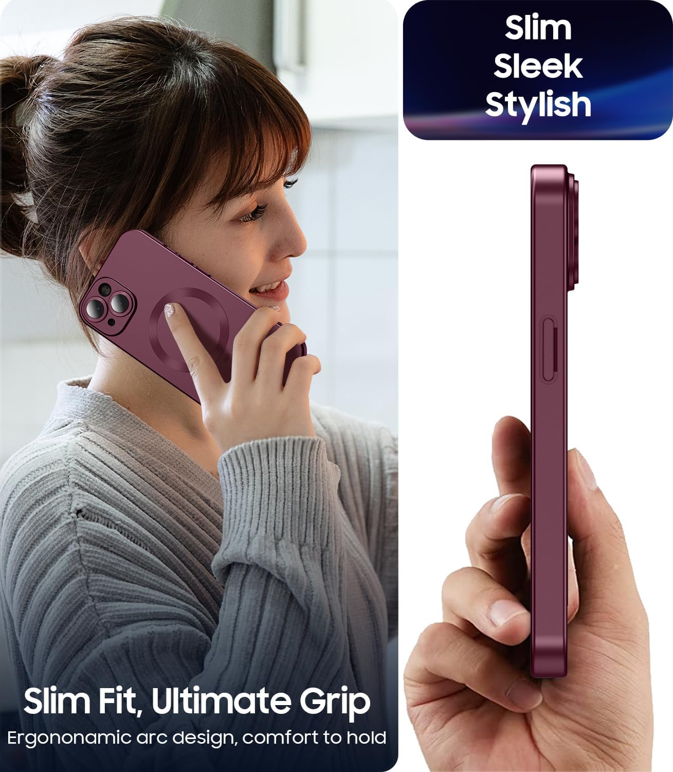 Magnetic for iPhone 15 Case [Compatible with MagSafe][Built-in Camera Lens Protector] Slim Soft Silicone Bumper Shockproof Metallic Shine Phone Case (Burgundy)