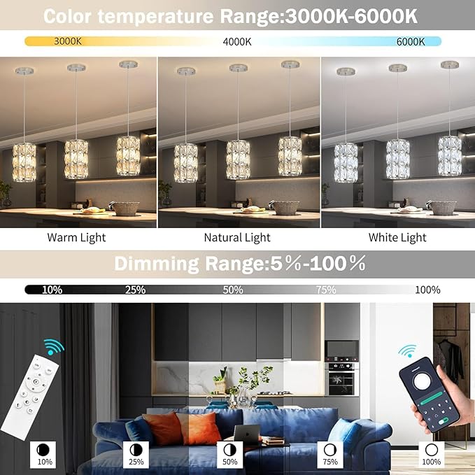 3 Pack Modern Crystal Pendant Lights for Kitchen Island LED Dimmable Glam Pendant Lighting Chandelier for Dining Room Hallway Corner Lamp Nickel