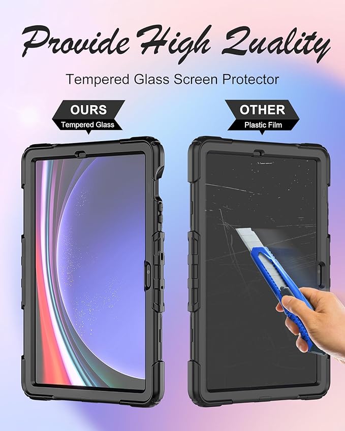 Case for Samsung Galaxy Tab S10 Plus/ S9 FE Plus/ S9 Plus 5G Tablet 12.4'', Shockproof Protective Cover with [Tempered Glass Screen Protector], Stand, Shoulder Strap & S Pen Holder (Black)