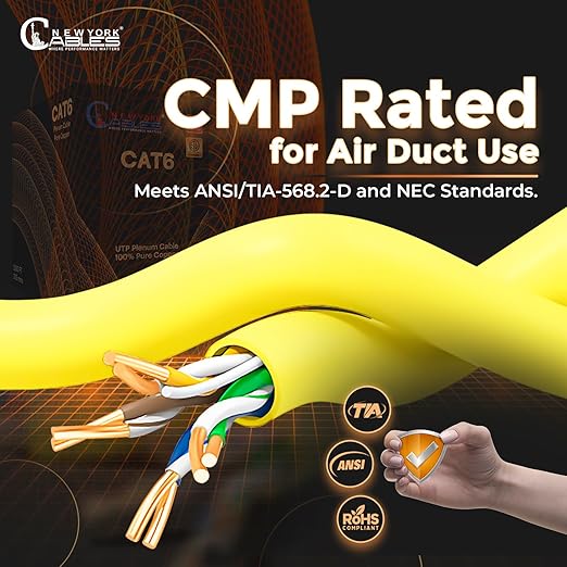 NewYork Cables | CAT6 Plenum Cable 1000ft UL/ETL Listed, 100% Pure Copper, UTP, 550MHz, 23AWG, 4Pair 10GB Ethernet Cable | Certified CMP-Rated Fire-Resistant (1000ft, Pure Copper UL Listed, Yellow)
