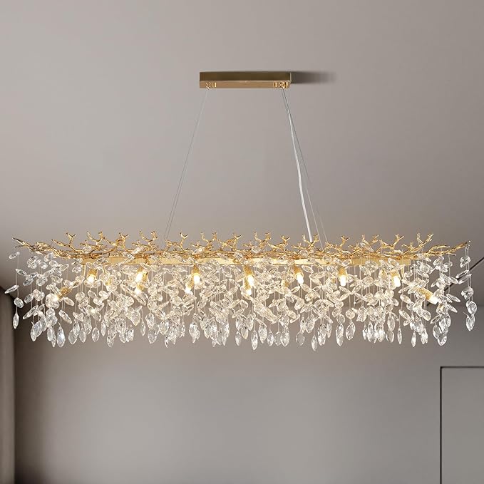 YUYI Modern Crystal Chandelier, 60" Gold Tree Branch Chandelier, 16-Light Rectangular Chandeliers for Dining Room, Kitchen Island, Living Room, Luxury Top K9 Crystal Raindrop Light Fixture - Upgraded