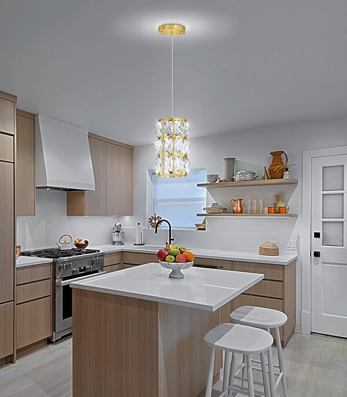 1-Lights Modern Crystal Pendant Lights for Kitchen Island LED Dimmable Glam Pendant Lighting Chandelier for Dining Room Hallway Corner Lamp Gold