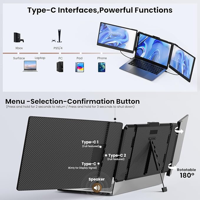 Laptop Screen Extender Kwumsy S2 Triple Monitor Extender Ultra Slim 14" 1080P FHD IPS Portable Monitor for Laptop with Stand Compatible with Mac Windows Linux PS4/5