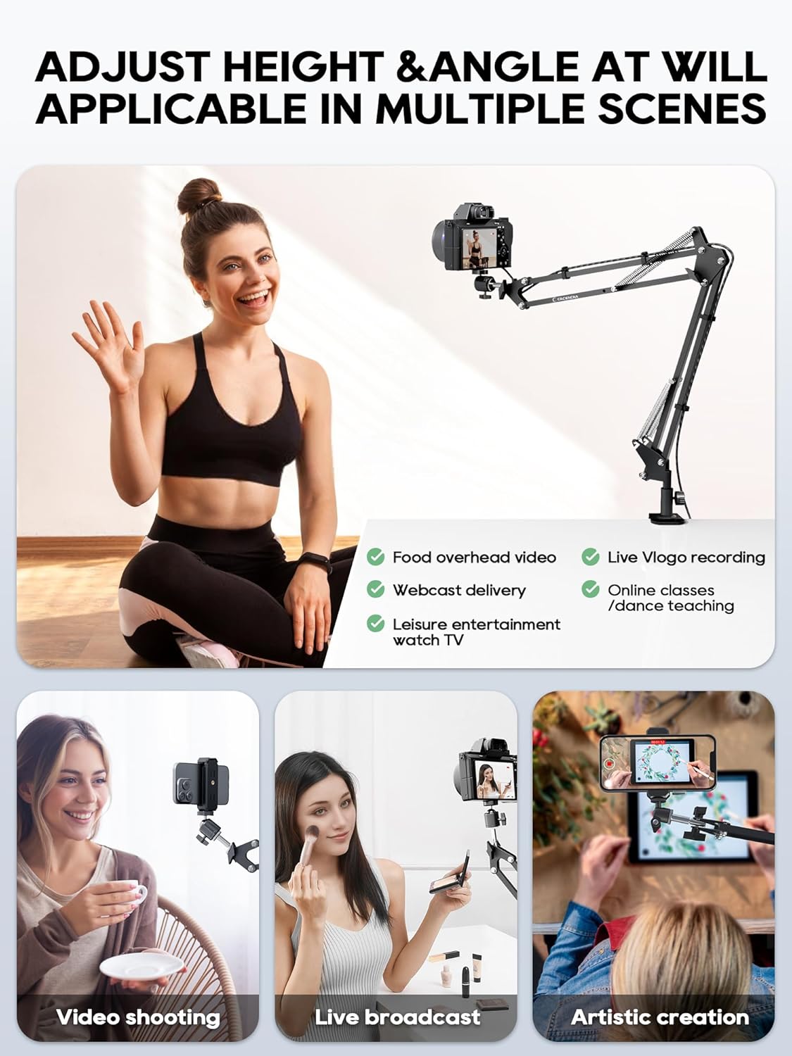Overhead Camera Mount, 5lb Horizontal Load-Bearing, 360° Adjustable Stand for Desk, Flexible with Phone Clamp, Tabletop Mount for DSLR Camera/Webcam/Microphone