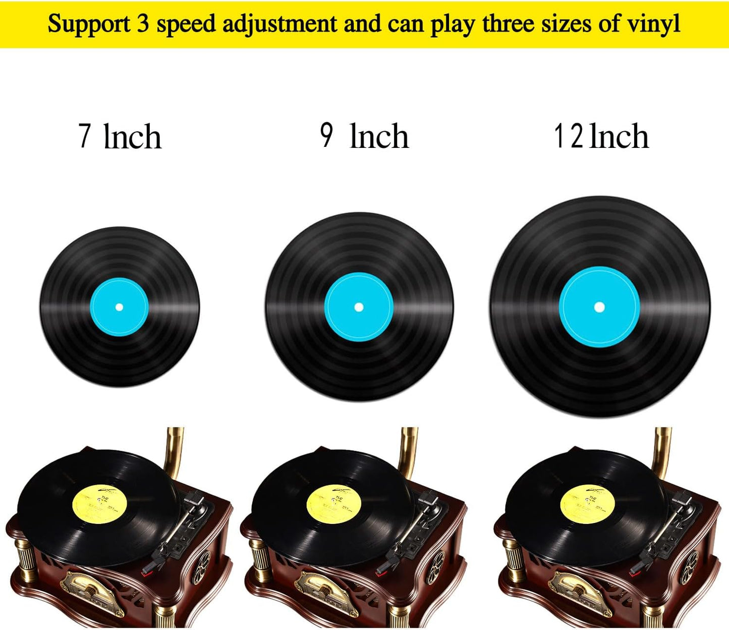 Vintage Gramophone with Bluetooth Output Vintage Record Players Retro Gramophone Turntables for 7" 9" 12" Vinyl Records 3 Speed, Hi-Fi, Handcrafted by Pure Oak (Dark Green)