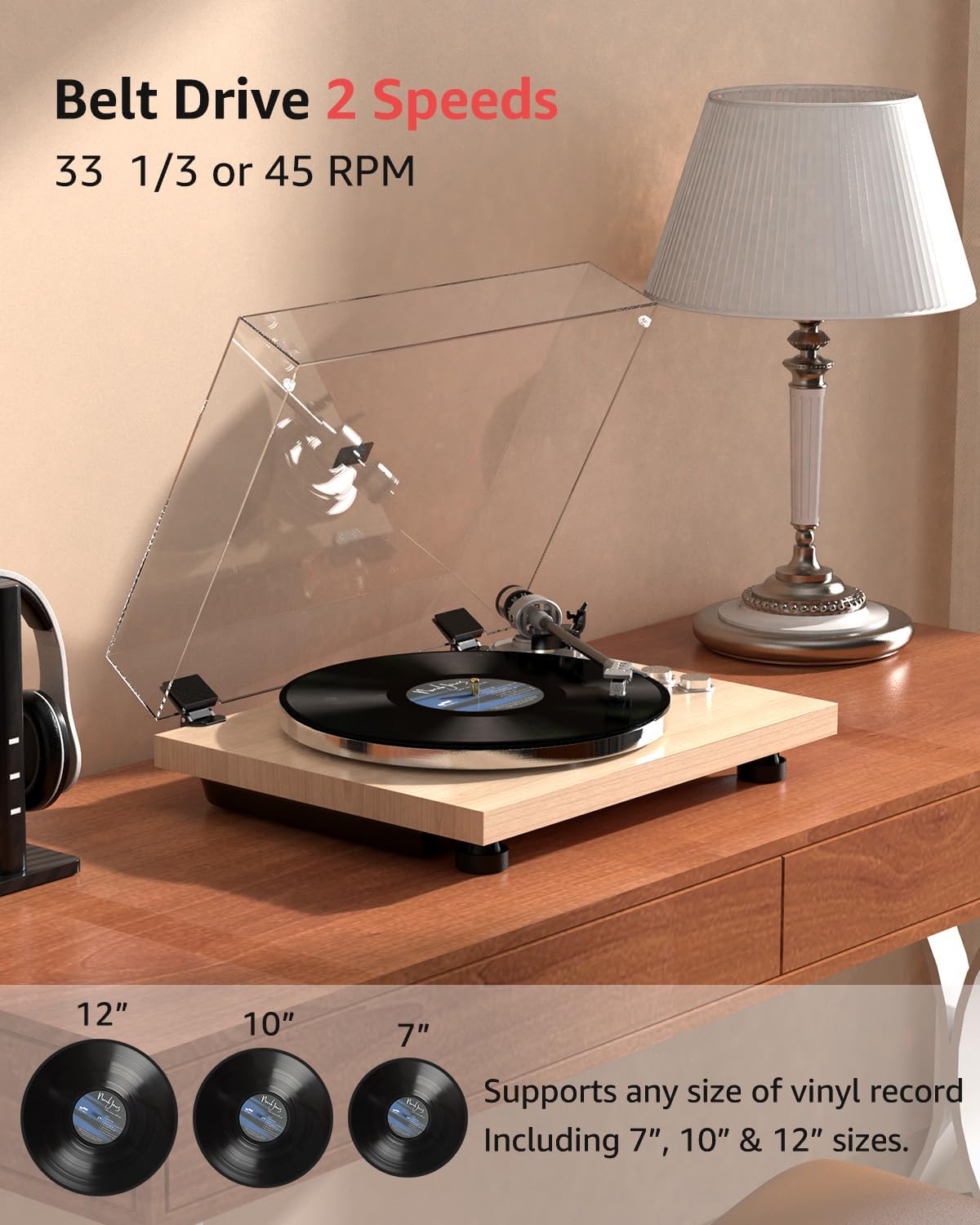 Turntable Record Player Wireless Output Carbon Fiber Tonearm Vinyl Player Aluminium Platter Belt-Drive LP Turn Tables 33 1/3&45 RPM Audio Phono RCA Line Out AT-3600L MM Cartridge Pale Walnut White