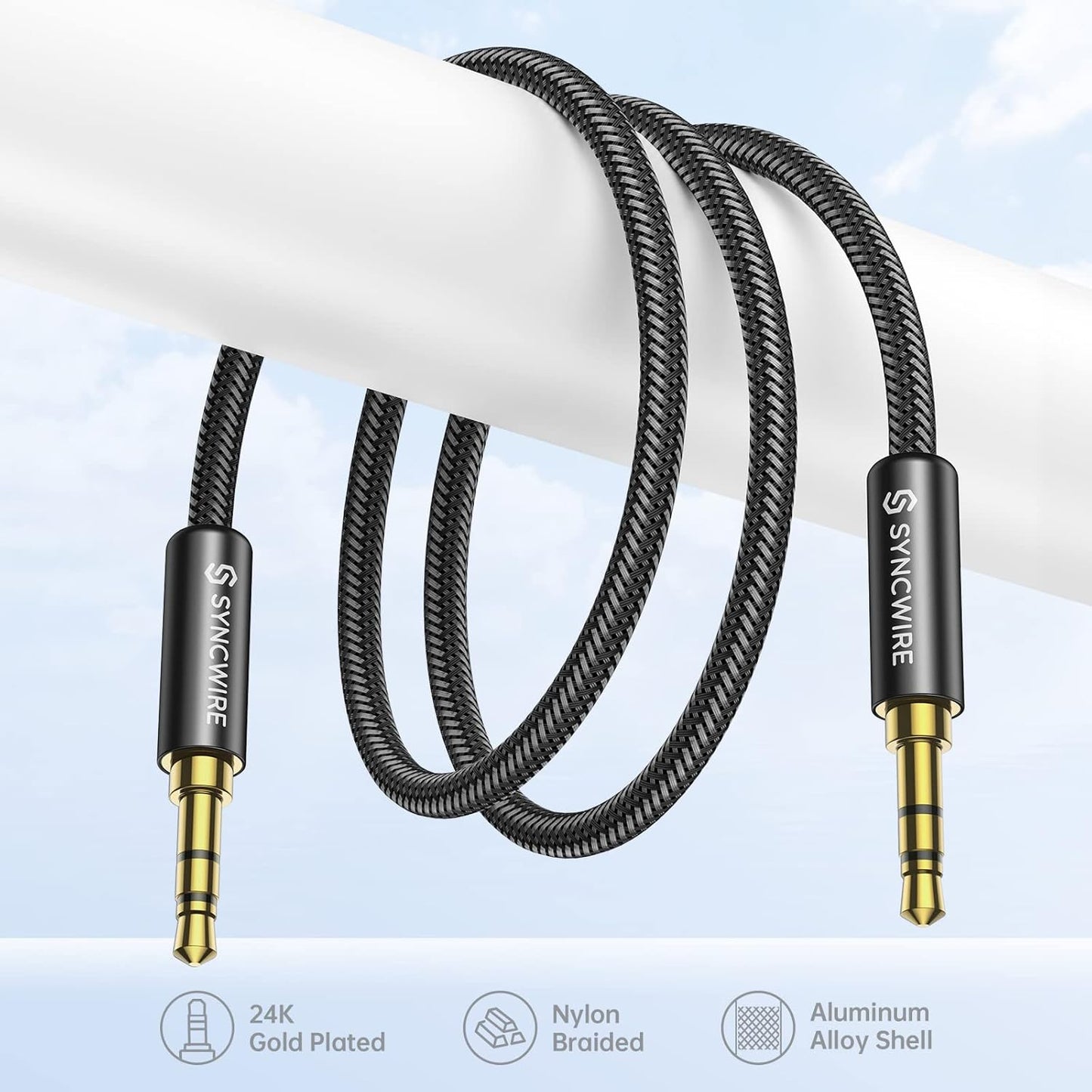 SYNCWIRE 3.5mm Nylon Braided Aux Cable (26.2ft/8m, Hi-Fi Sound), Audio Auxiliary Input Adapter Male to Male AUX Cord for Headphones, Car, Home Stereo, Speaker, iPhone, iPad, iPod, Echo & More - Black
