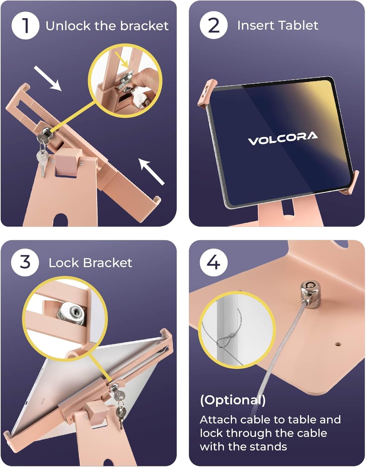 Volcora Anti-Theft Tablet Stand iPad Security Holder with Lock Pink 10-13 Inch Kiosk Stand Mount, Swivel, Adjustable for All iPad, Tablets, POS Register, Retail Business, Checkout, Cashier