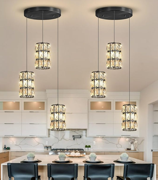 3-Lights Modern Crystal Pendant Lights for Kitchen Island LED Dimmable Glam Pendant Lighting Chandelier for Dining Room Hallway Corner Lamp Black