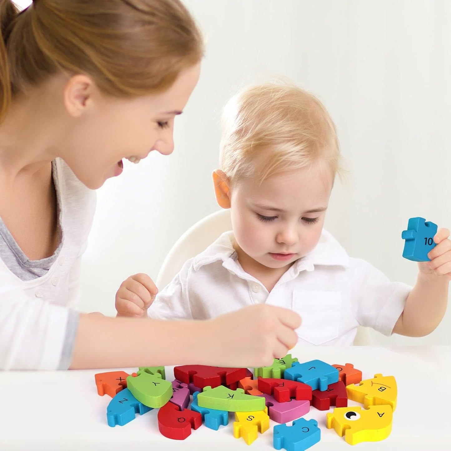 LovesTown Goldfish Wooden Puzzle for Kids, Alphabet and Number Jigsaw Puzzle Montessori Learning Blocks, Educational Preschool Toys for Toddlers, 26 PCS