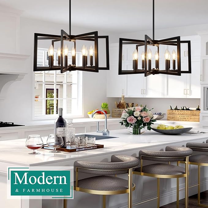 8-Light Black Chandelier, Farmhouse Dining Room Light Fixture, Modern Chandelier, Geometric Industrial Metal Hang Lighting Fixture for Foyer Entryway Kitchen Over Table Hallway Living Room
