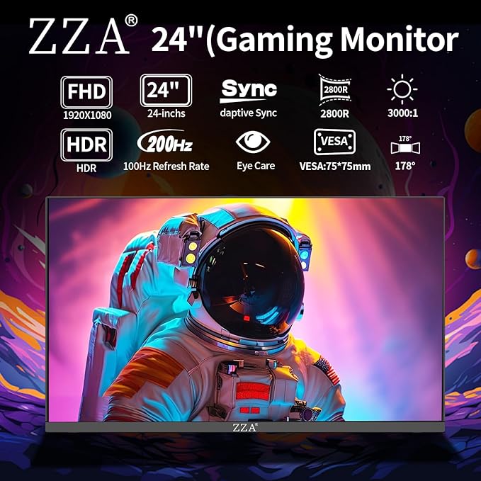 ZZA 24 Inch Monitor 200 HZ 1080p 2800R,Curved PC Monitor VA 120% sRGB FreeSync Frameless Full on Three Sides Blue Light Filter,HDMI DP USB Ports,Computer Monitor for Business Office and Casual Gaming
