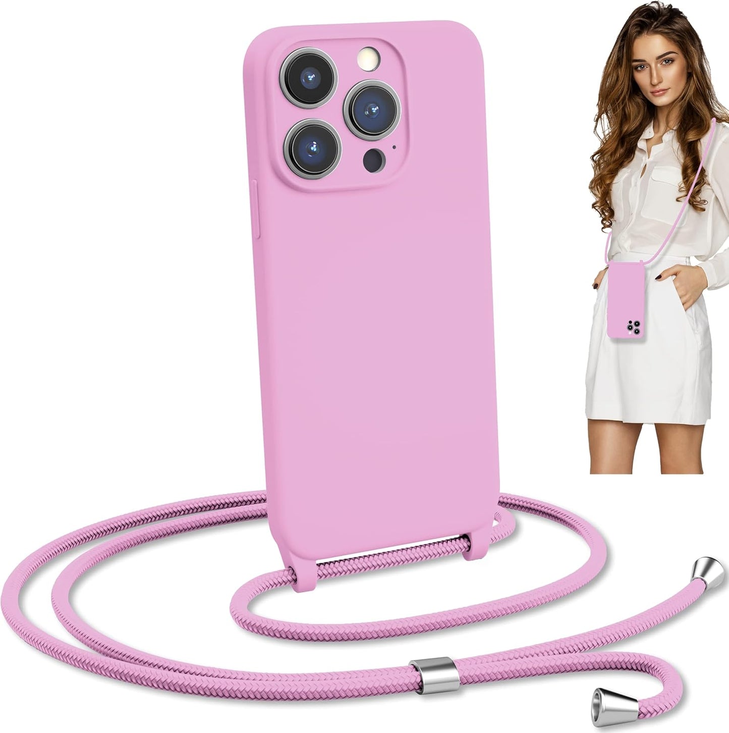 Blaspins Crossbody Strap Phone Case for iPhone 13 Pro Max, Adjustable Rope, Belt Neck Lanyard, String Detach Lanyard, Drop Proof Sturdy, Wrist Hand Free Protective Cover 6.7 inch 13 Pro Max - Pink