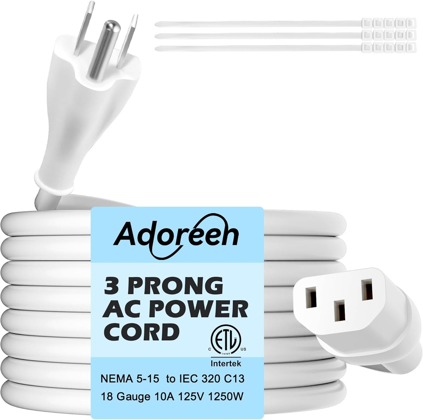 Adoreen 20 Ft Computer TV Replacement Power Cord White, Low Profile Flat Plug to 90 Degree Angled L-Shaped 18AWG 3-Prong AC Universal Power Supply Cable for Printer, PC, Monitor TV LCD, ETL+Ties