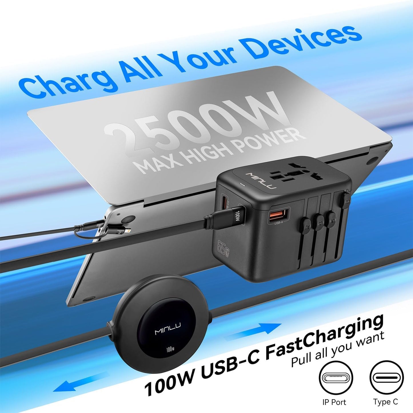 Universal Travel Multi Adapter, PD 65W Worldwide Travel Charger with 100W 3-in-1 Multi Cable/1 USB-A/3 USB-C Fast Charging, All in One Outlet Adapter for iPhone,Laptops,Type USA/EU/UK/AUS