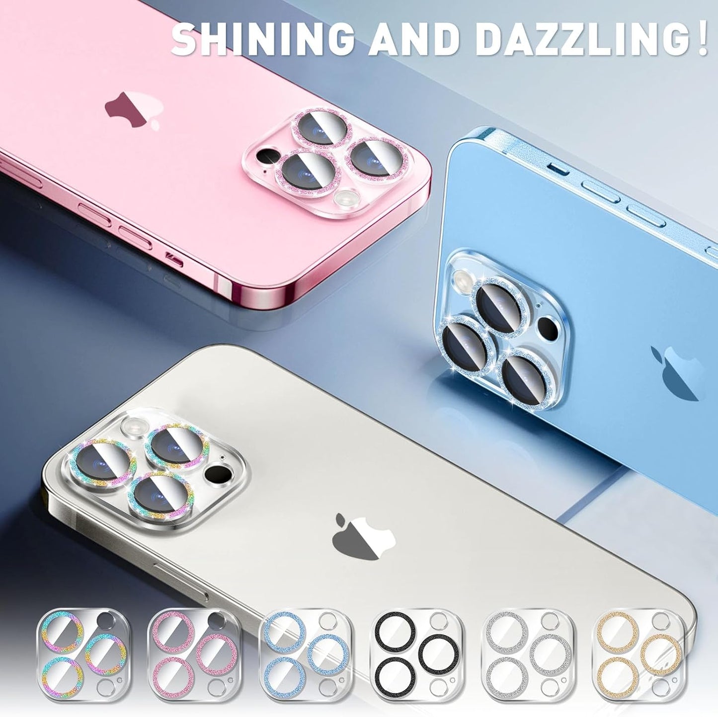 LucBuy 3PCS Sparkling Camera Lens Protector for iPhone 12 Pro, Full Clear Acrylic Cover with Shiny Colorful Glitter Designed Decoration Back Camera Protector
