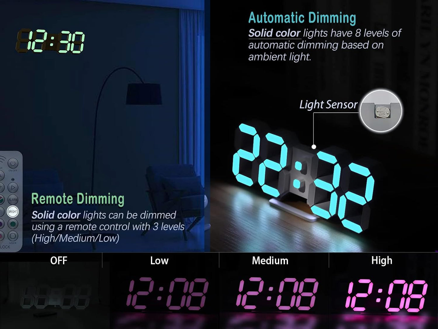 KOSUMOSU Wall Clock Neon Digital Clock 3D LED Desk Clock Large Display 9.7" RGB Clock Alarm Clock for Bedroom Living Room,Remote,Brightness Dimming, Date,Temp