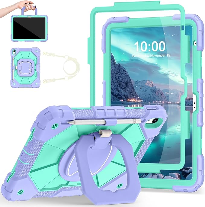 Case for iPad (A16) 11th/10th Generation 2025/2022,iPad Case 10th Generation with Rotating Stand Screen Protector,Shockproof Cover for i Pad 11.0/10.9 Inch C ase,Purple Green