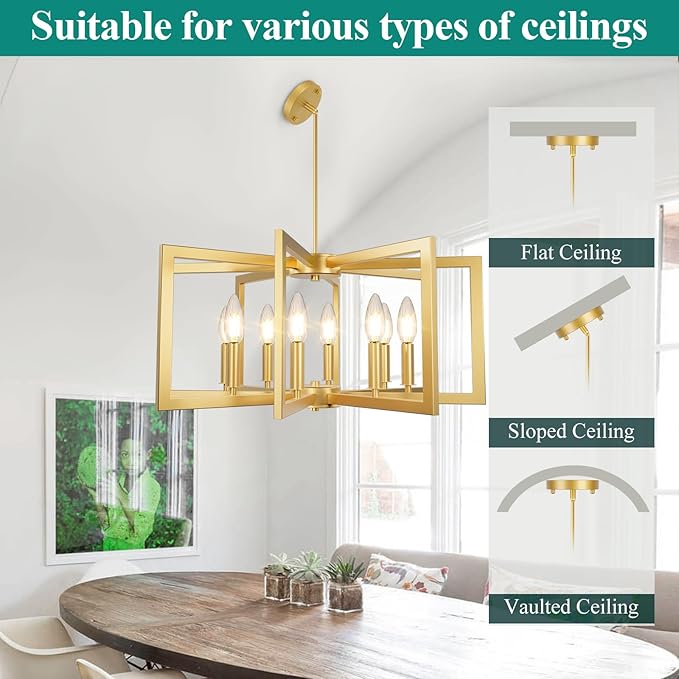 8-Light Gold Chandelier, Farmhouse Dining Room Light Fixture, Modern Chandelier, Geometric Industrial Metal Hang Lighting Fixture for Foyer Entryway Kitchen Over Table Hallway Living Room