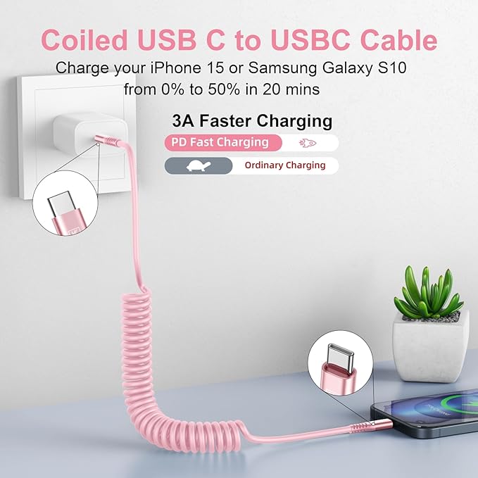 USB C to C Cable 6FT, 2Pack Coiled USB C Fast Charging Cable for Car, CarPlay iPhone USB-C Cable/Android Auto USB C Cord, USB Type C Cable for iPhone 17/16/15/Pro Max/Samsung Galaxy S23 and More-Pink