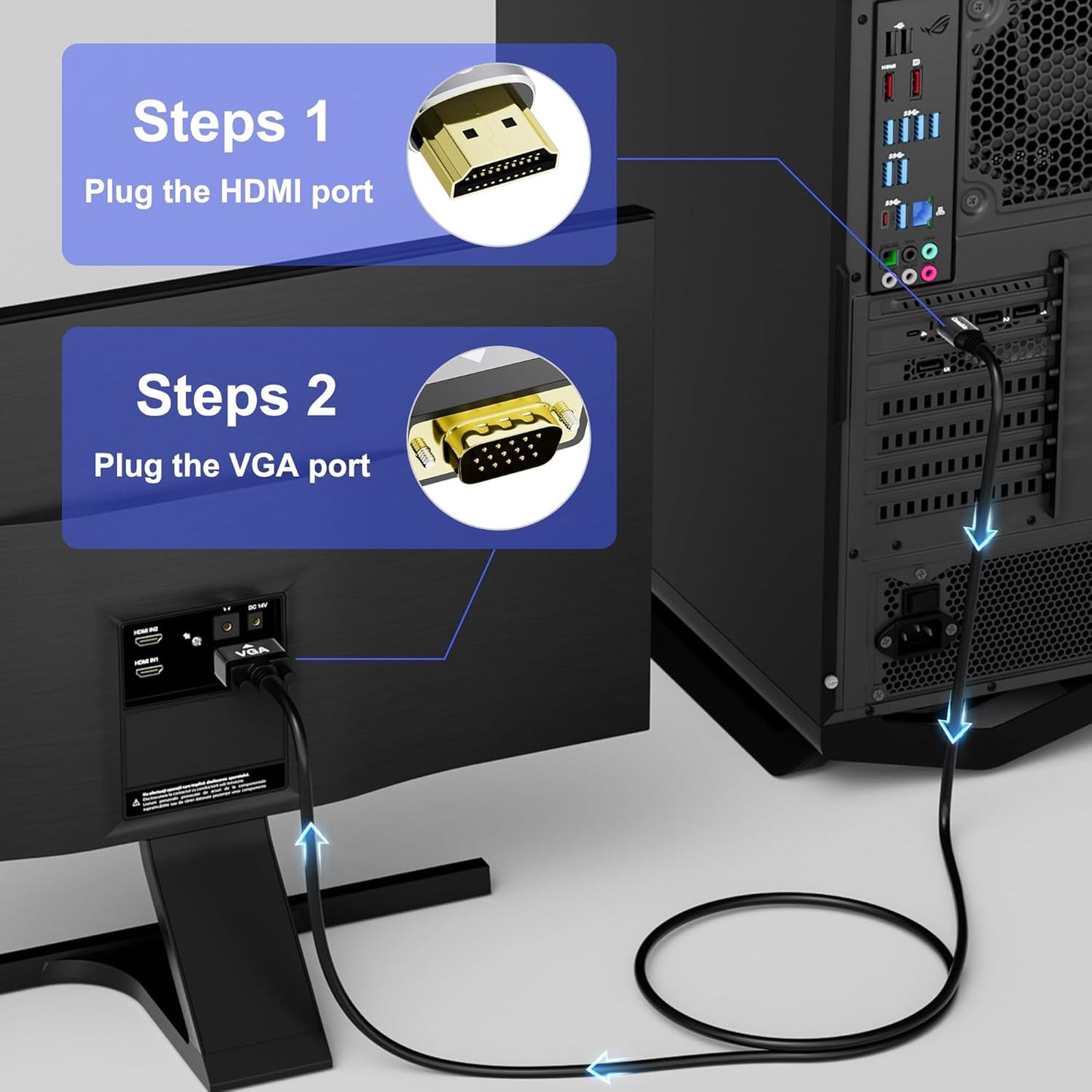 HDMI to VGA Cable 20 FT, Uni-Directional HDMI (Source) to VGA (Display) Cable, Black Male to Male Cord, Gold-plated Connectors, Aluminum Shells, for PC, Desktop, Laptop, Monitor, Projector, HDTV, Xbox