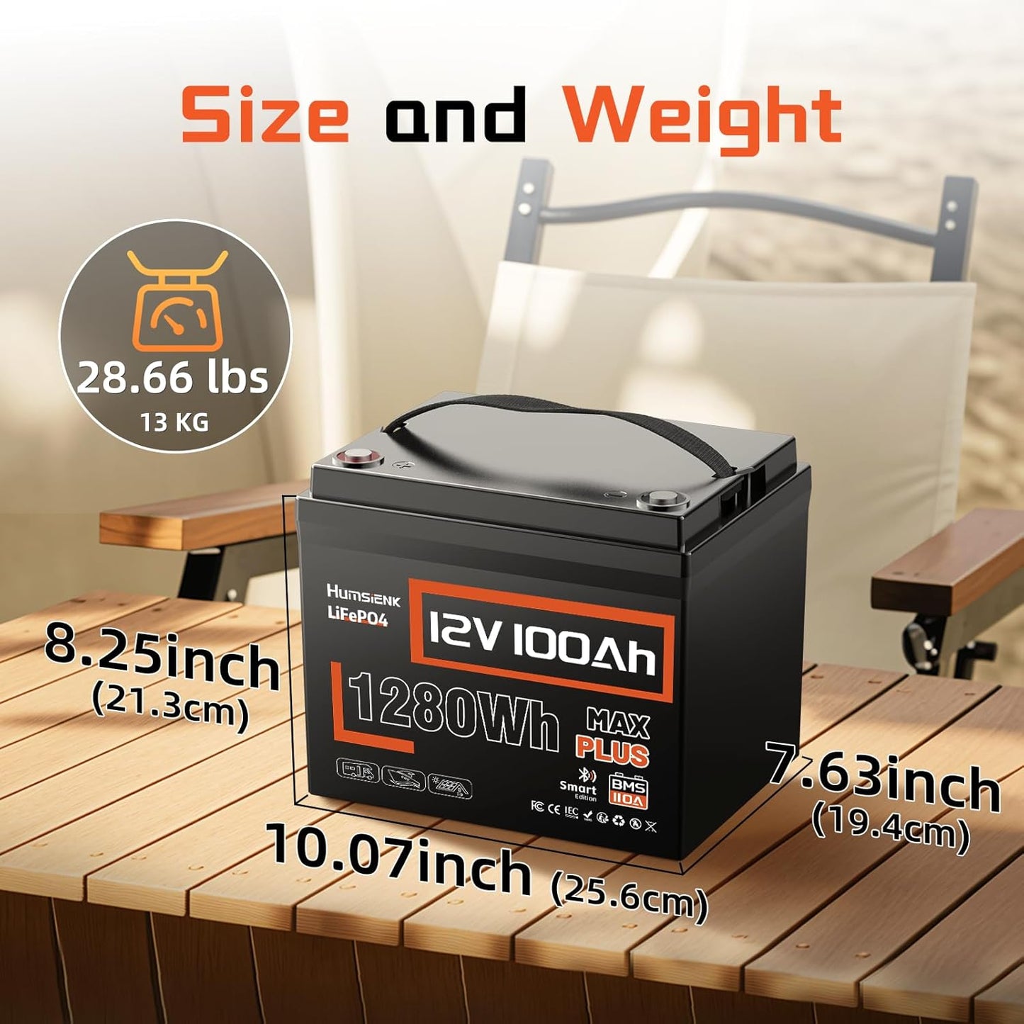 12V 100Ah LiFePO4 Lithium Battery MAX Bluetooth 5.0 IP67, Built-in 110A BMS 15000+ Deep Cycles 1280Wh Lithium Battery, for RVs Marine