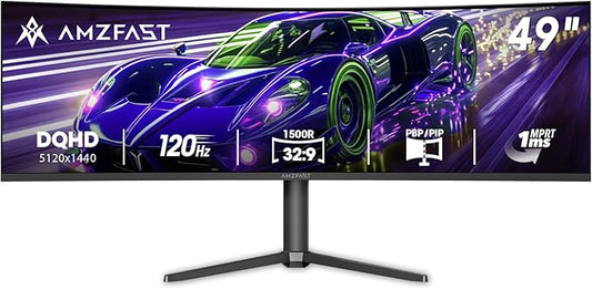 Amzfast 49 Inch Curved Monitor 120Hz DQHD 5120x1440p Ultrawide Gaming Monitor, 120% sRGB, 1500R, 1ms MPRT, HDR10, Adaptive Sync, PIP/PBP, Height Adjustable, HDMI 2.0/DP 1.4, VESA 75x75, AMZG49C7U