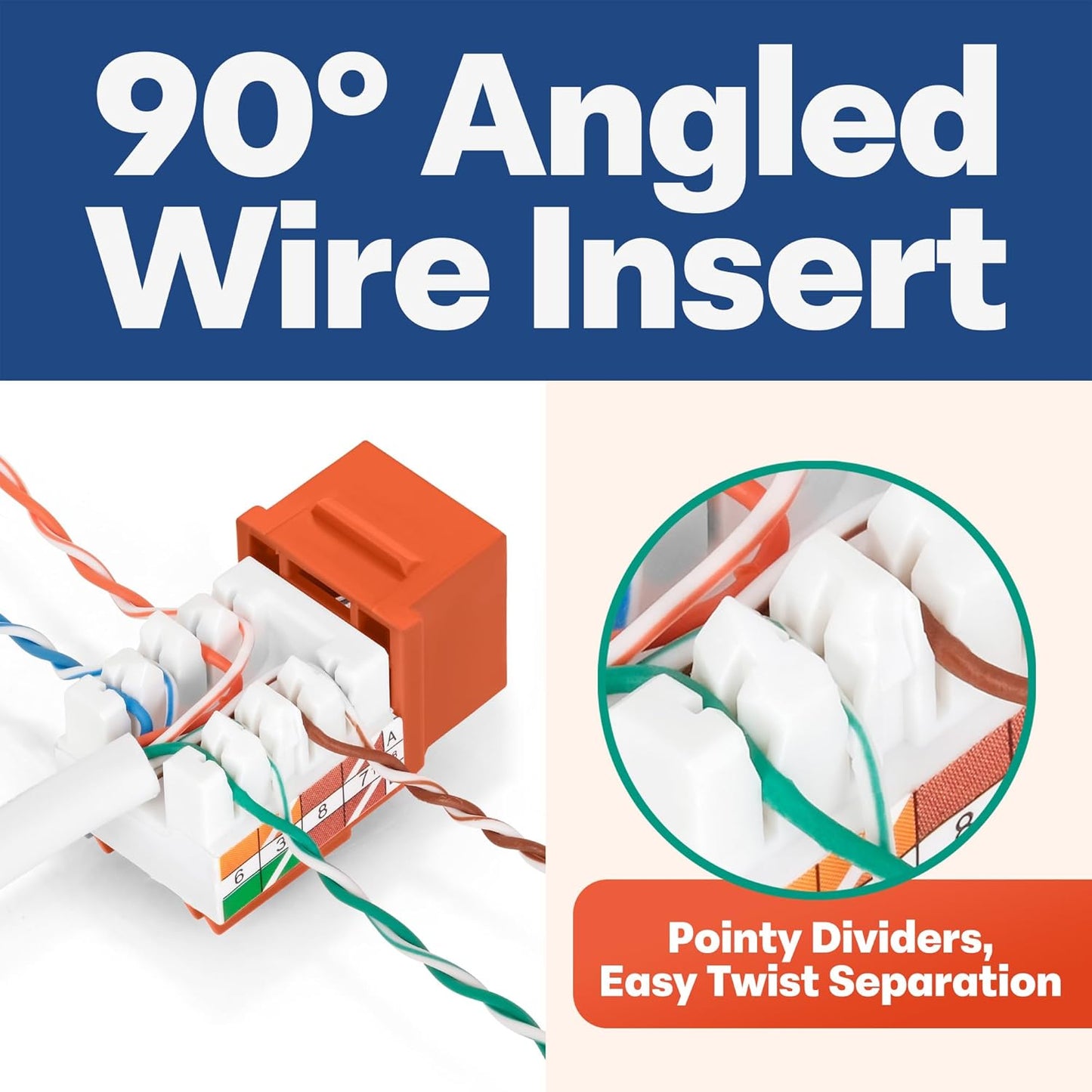 Everest 90° Angled RJ45 Cat5e Keystone Jacks 50-Pack in Orange - Slim Profile Female RJ45 Connectors - Cat 5e Keystone Jack - Compatible with 90° Angled Speed Termination Tool - easyJACK (B094WB91H3)