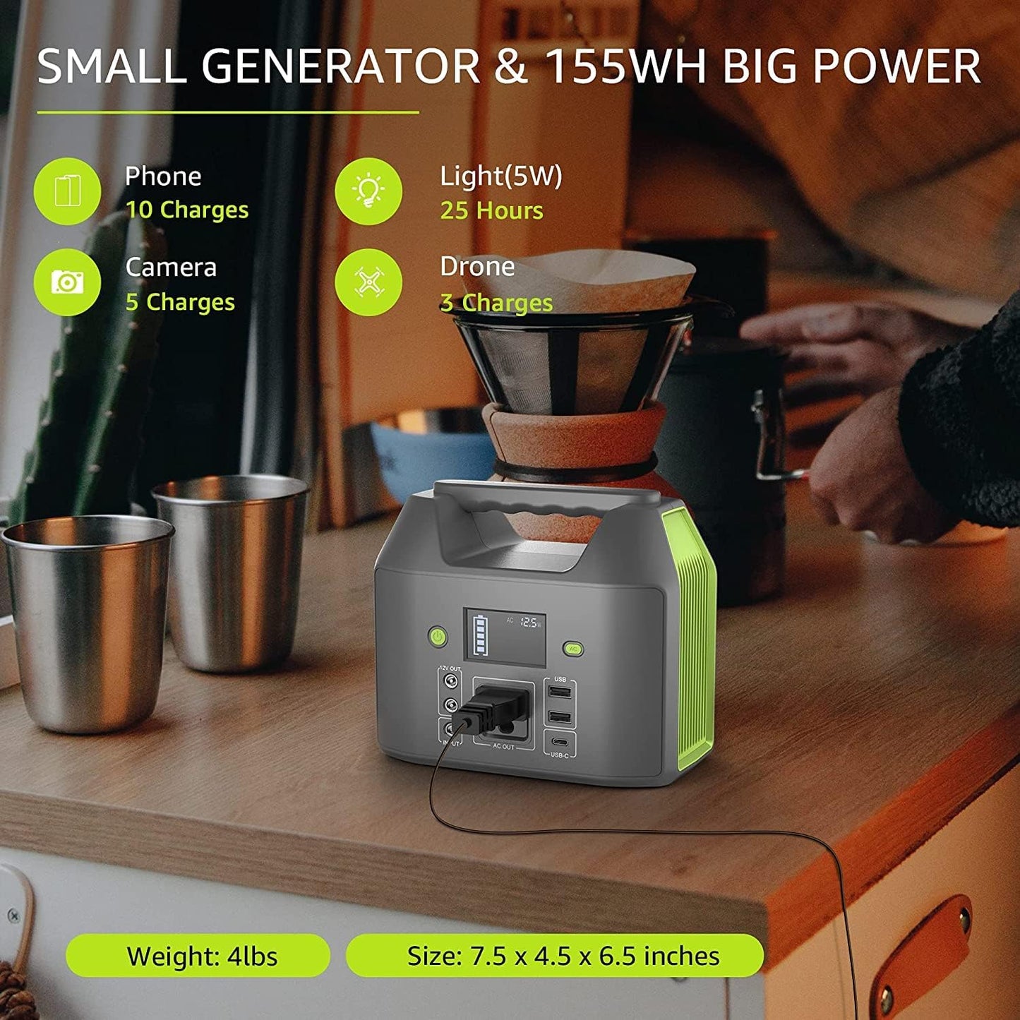 EnginStar Portable Power Station, 150W 155Wh Power Bank with 110V AC Outlet, 6 Outputs External Battery Pack Portable Backup Battery Laptop Charger with LED Light for Home Camping