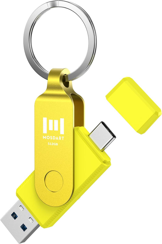 MOSDART 512GB USB3.1 Fast Speed C and A Dual Flash Drive, exFAT Memory Stick with Keychain and LED Indicator, for iPhone 15 and 16, Android Phone, iPad, MacBook, and Other Laptops,Yellow