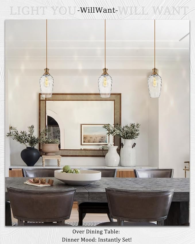 2 Pack Farmhouse Pendant Lights, Modern Hanging Ceiling Lights with Hammered Glass in Brushed Brass Gold for Dining Room Kitchen Island Over Table