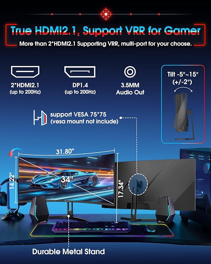 SANSUI 34 Inch UWQHD 200HZ Curved Gaming Monitor, FastVA 3440x1440P Ultrawide 1500R Curved Gaming Computer Monitor 21:9 with PIP PBP, AI Tech Enhance, 2xHDMI2.1 DP1.4Ports(HDMI2.1 Cable Incl.)