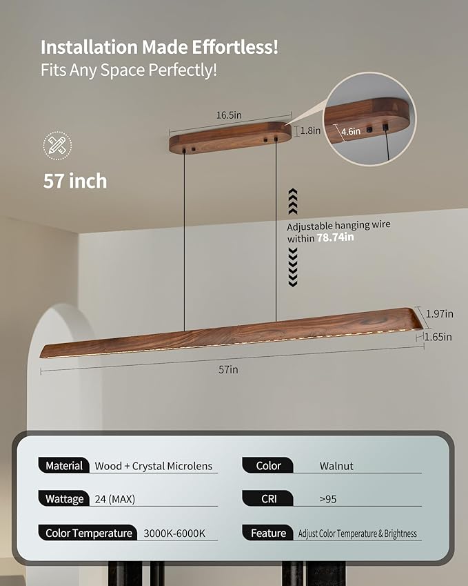 57" Wood Linear Pendant Light, Dimmable Kitchen Island Lighting with Remote, 30W LED Island Lights for Kitchen, Adjustable Linear Chandelier for Dinning Room Light Fixture, Bar, Pool Table Light