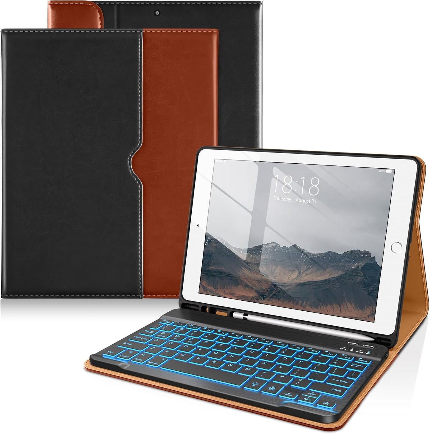 DTTO for iPad 9th/8th/7th Generation 10.2" Case 2021/2020/2019 with Keyboard, 7 Colors Backlit Wireless Detachable Keyboard Premium Leather Folio Cover with Pencil Holder & Pocket, Black Brown