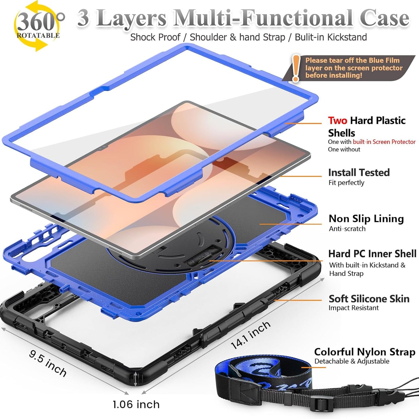 SEYMAC stock Case for Samsung Galaxy Tab S10 Ultra / S9 Ultra Tablet Case 14.6'' with Screen Protector, Pencil Holder, 360 Rotate Stand, Hand Strap, Shoulder Strap, Blue1