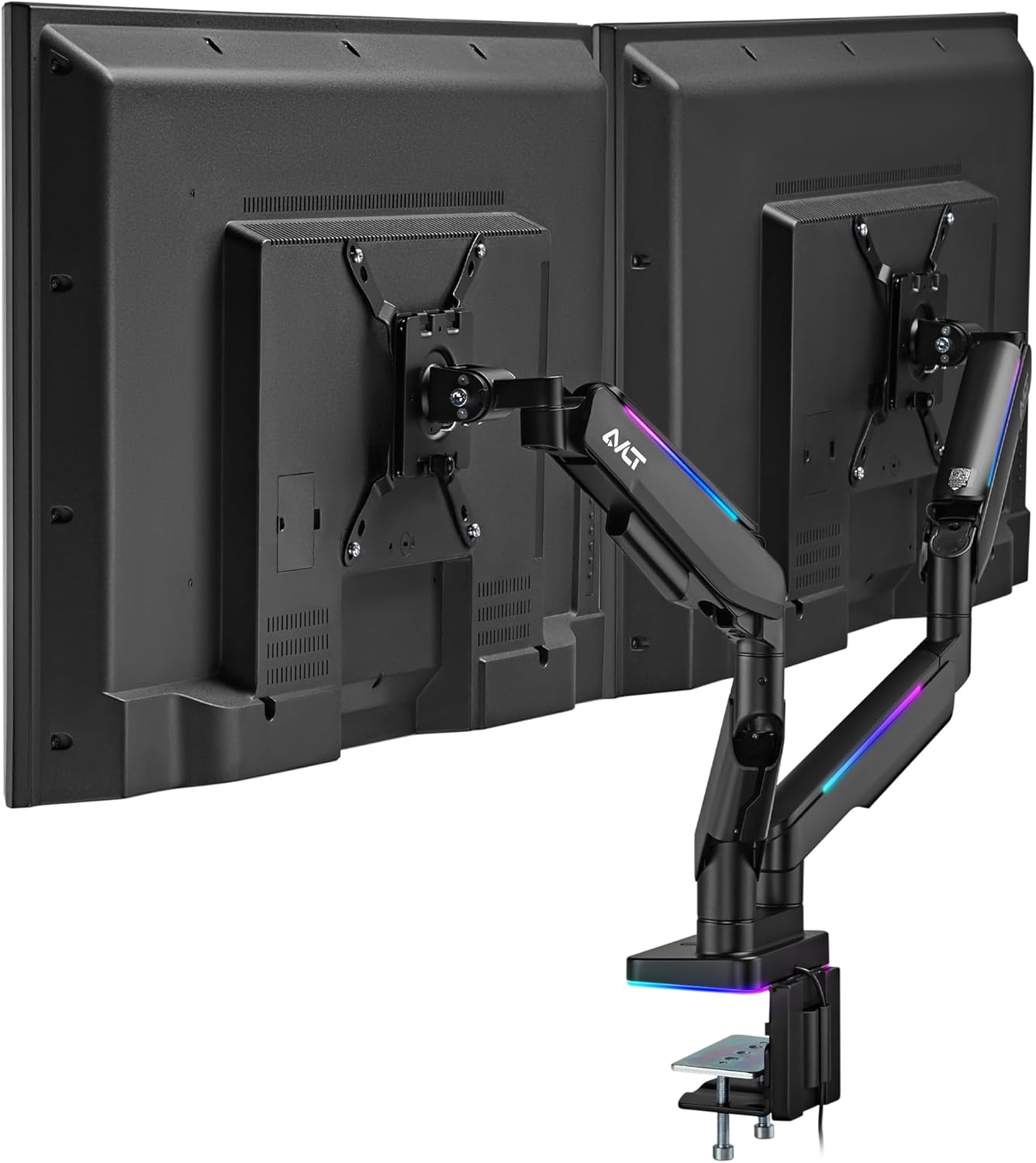 AVLT RGB Lights Dual 17”-43” Gaming Monitor Arm Desk Mount, Fits Two Flat/Curved/Ultrawide Screen up to 44lbs(20kg), Height Swivel Tilt Adjustable Stand - Black