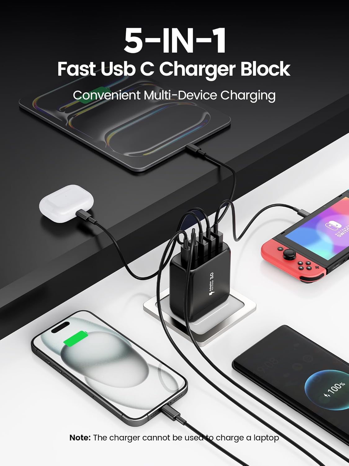 USB C Charger Block, Type C Charger Fast Charging,Total 50W 5-Port USB Wall Charger Multiport Type C Charging Block Cube for iPhone 16 15 14 13 12 11 Pro Max XS, iPad, Samsung & More-Black