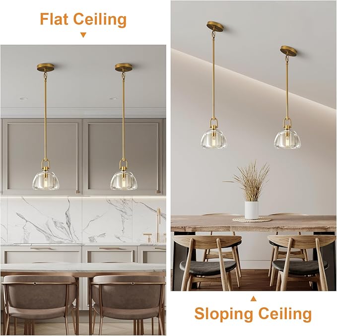 Pendant Light Fixture, 7" Glass Modern Brass Pendant Lights Kitchen Island, Hanging Glass Dome Pendant, Gold Kitchen Pendant Lighting Over Island,E12 Bulb Included, 2PCS
