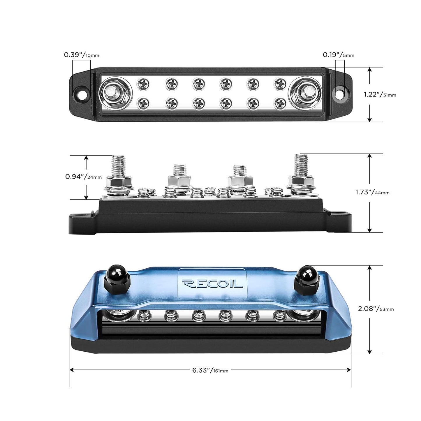 Recoil BB212P Power Distribution Block 12V 150A Dual 5/16” Studs Bus Bar Terminals Battery Busbar for Boat Automotive Solar Wiring